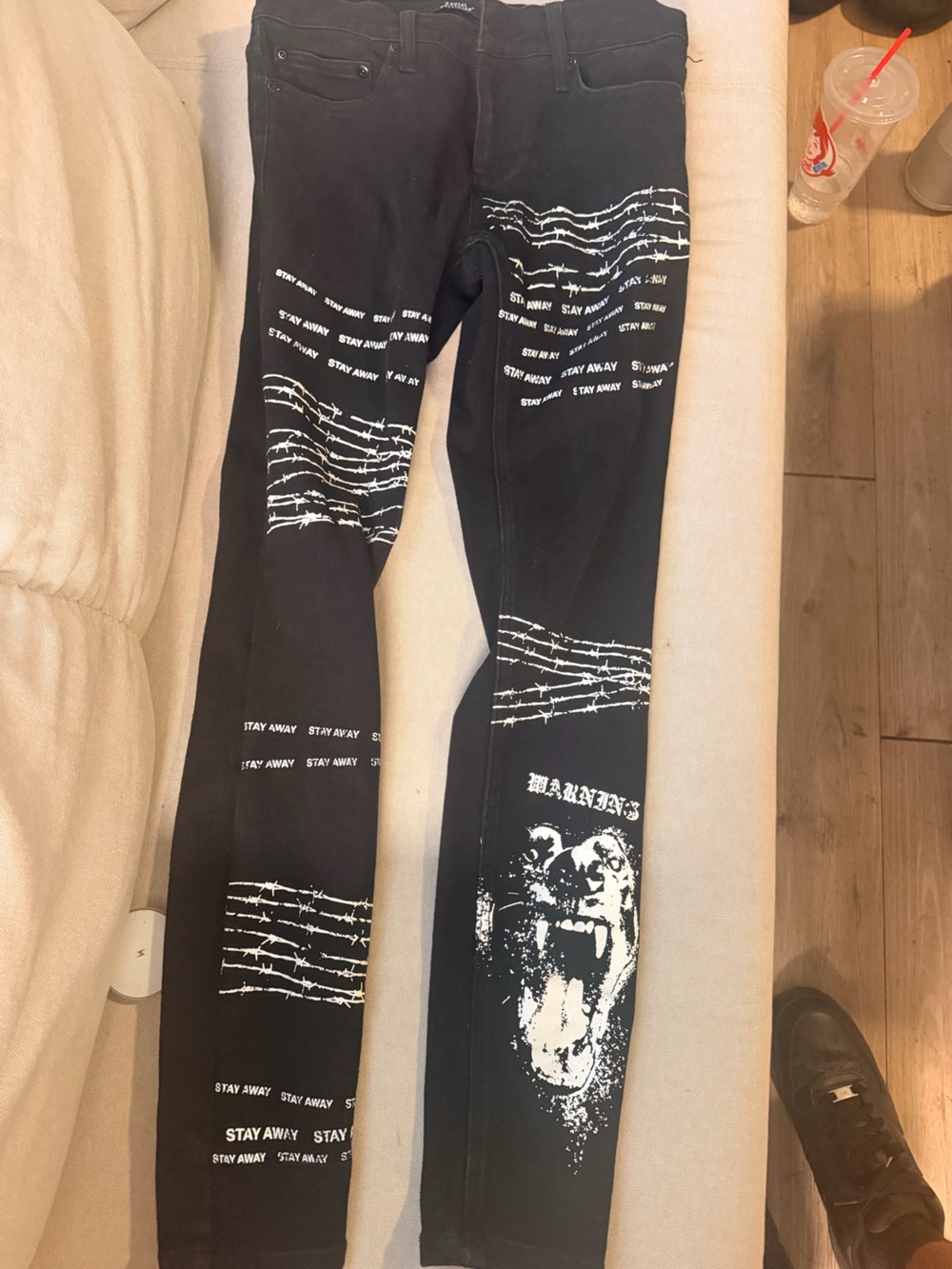 Social Collision Black Graphic Barbed Wire Jeans